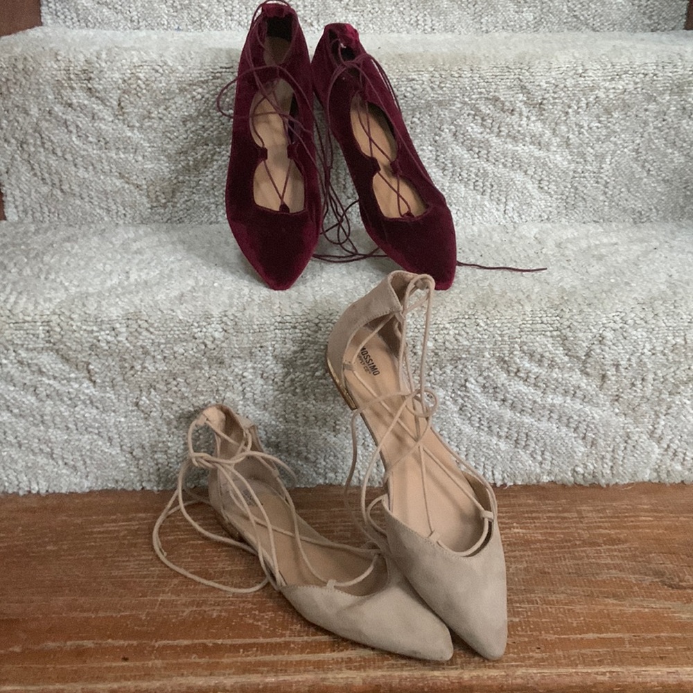 Buy one get one FREE balletcore ankle tie flats! Red and beige!